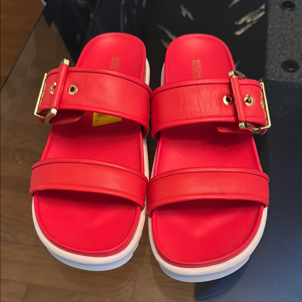 Red Slide Sandals with Gold Buckles